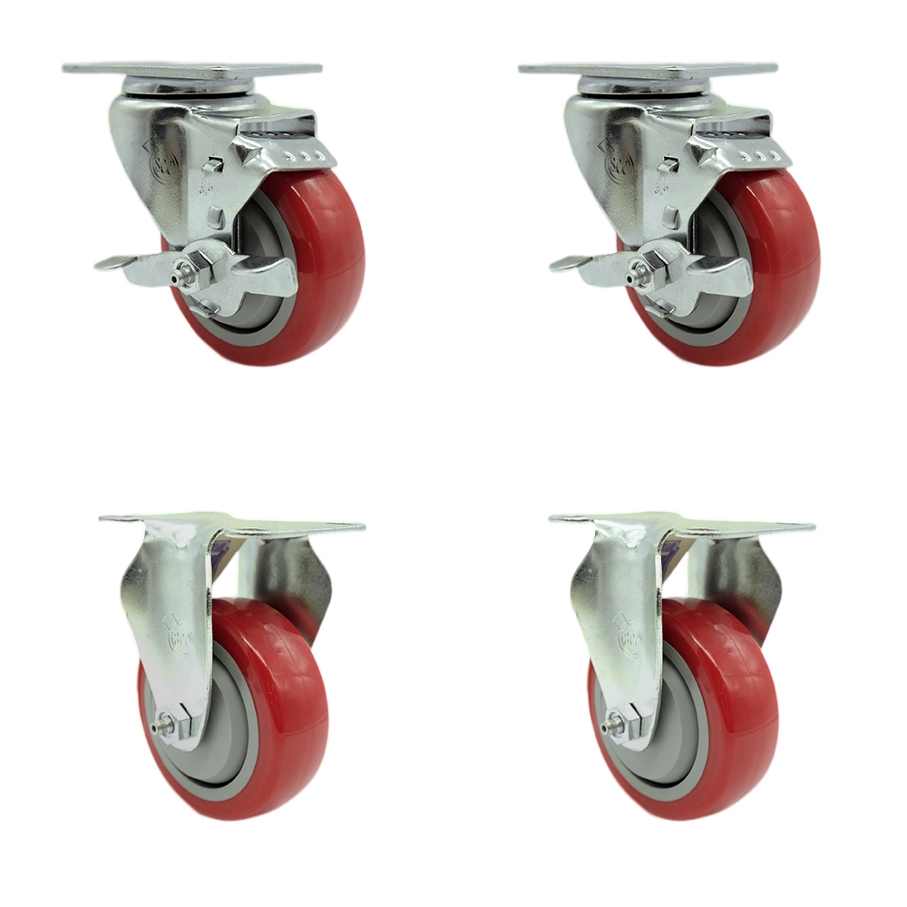 Stainless Steel Polyurethane Swivel Top Plate Caster Set of 4 w/3.5" x 1.25" Red Wheels - Includes 2 Swivel with Top Locking Brakes & 2 Rigid - 1200 lbs Total Capacity - Service Caster Brand — photo 1