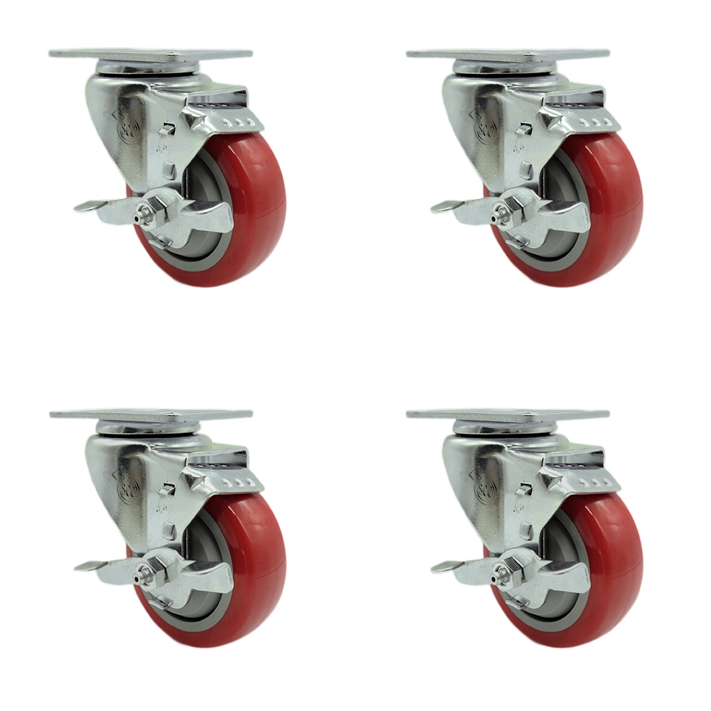 Stainless Steel Polyurethane Swivel Top Plate Caster Set of 4 w/3.5" x 1.25" Red Wheels - Includes 4 Swivel with Top Lock Brakes - 1200 lbs Total Capacity - Service Caster Brand — photo 1