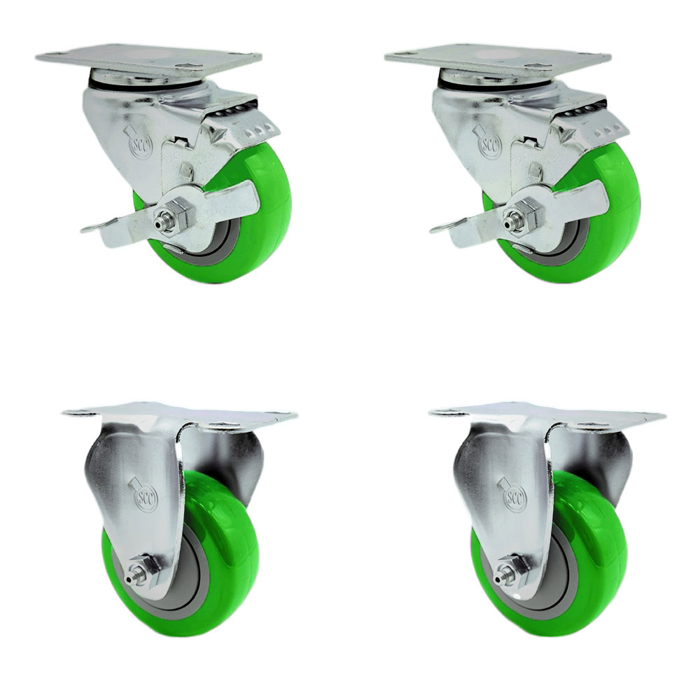 Stainless Steel Polyurethane Swivel Top Plate Caster Set of 4 w/3.5" x 1.25" Green Wheels - Includes 2 Swivel with Top Locking Brakes & 2 Rigid - 1200 lbs Total Capacity - Service Caster Brand — photo 1