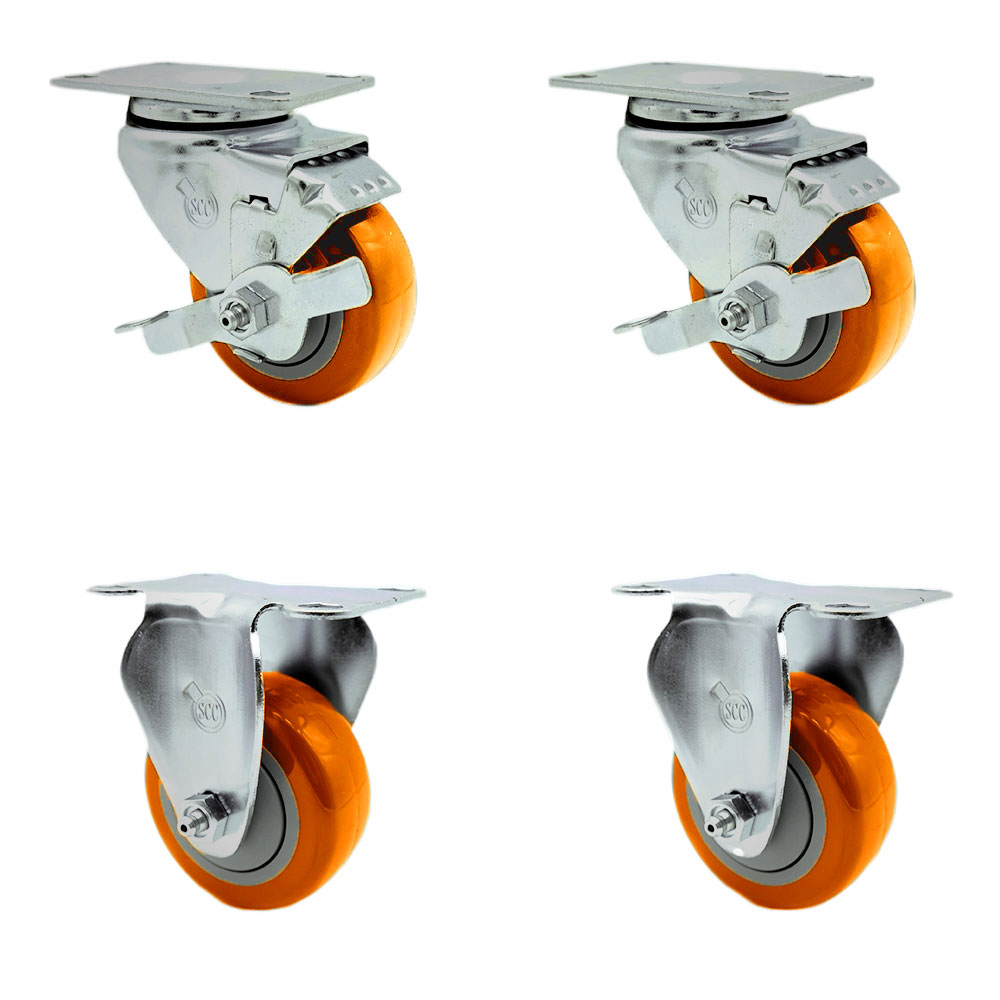 Stainless Steel Polyurethane Swivel Top Plate Caster Set of 4 w/3.5" x 1.25" Orange Wheels - Includes 2 Swivel with Top Locking Brakes & 2 Rigid - 1200 lbs Total Capacity - Service Caster Brand — photo 1