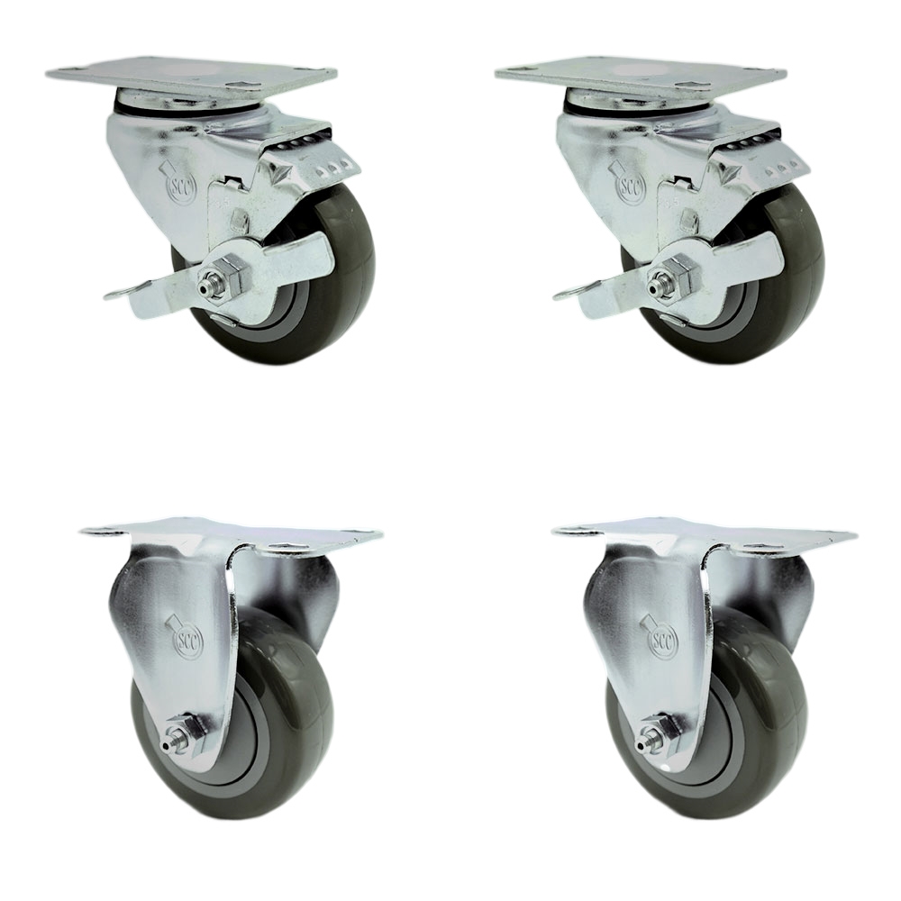 Stainless Steel Polyurethane Swivel Top Plate Caster Set of 4 w/3.5" x 1.25" Gray Wheels - Includes 2 Swivel with Top Locking Brakes & 2 Rigid - 1200 lbs Total Capacity - Service Caster Brand — photo 1