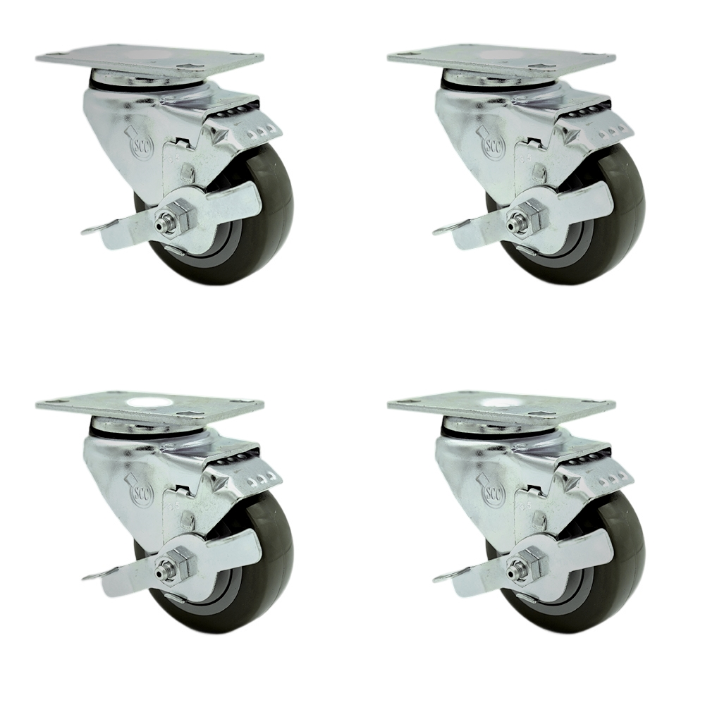 Stainless Steel Polyurethane Swivel Top Plate Caster Set of 4 w/3.5" x 1.25" Gray Wheels - Includes 4 Swivel with Top Lock Brakes - 1200 lbs Total Capacity - Service Caster Brand — photo 1