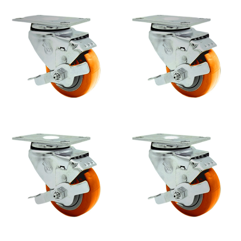 Stainless Steel Polyurethane Swivel Top Plate Caster Set of 4 w/3.5" x 1.25" Orange Wheels - Includes 4 Swivel with Top Lock Brakes - 1200 lbs Total Capacity - Service Caster Brand — photo 1