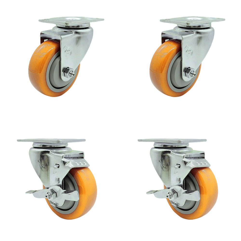 Stainless Steel Polyurethane Swivel Top Plate Caster Set of 4 w/3.5" x 1.25" Yellow Wheels - Includes 2 Swivel with Top Locking Brakes & 2 Swivel - 1200 lbs Total Capacity - Service Caster Brand — photo 1