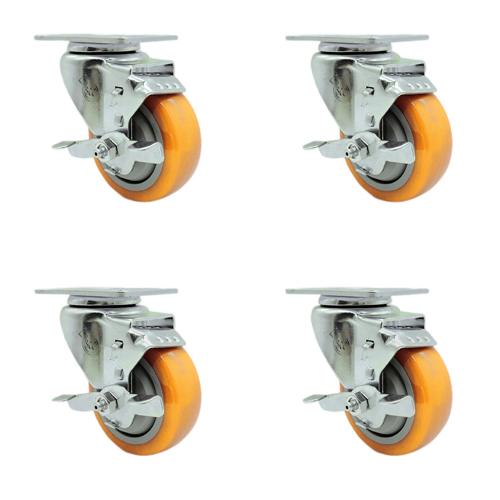 Stainless Steel Polyurethane Swivel Top Plate Caster Set of 4 w/3.5" x 1.25" Yellow Wheels - Includes 4 Swivel with Top Lock Brakes - 1200 lbs Total Capacity - Service Caster Brand — photo 1