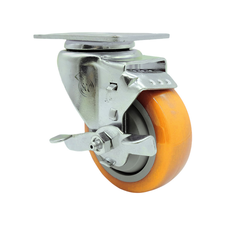 Stainless Steel Polyurethane Swivel Top Plate Swivel Caster w/3.5" x 1.25" Yellow Wheel & Top Locking Brake - 300 lbs Capacity/Caster - Service Caster Brand — photo 1