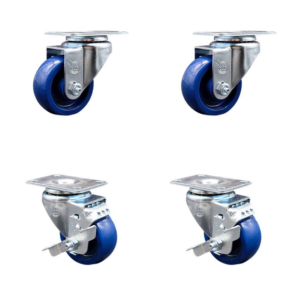 Stainless Steel Solid Polyurethane Swivel Top Plate Caster Set of 4 w/3.5" x 1.25" Blue Wheels - Includes 2 Swivel with Top Locking Brakes & 2 Swivel - 1200 lbs Total Capacity - Service Caster Brand — photo 1