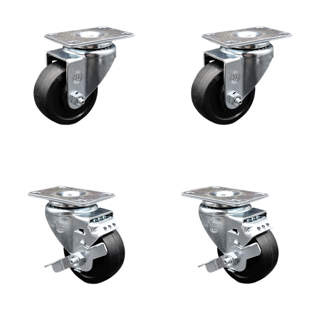 Stainless Steel Soft Rubber Swivel Top Plate Caster Set of 4 w/3.5" x 1.25" Black Wheels - Includes 2 Swivel with Top Locking Brakes & 2 Swivel - 800 lbs Total Capacity - Service Caster Brand — photo 1