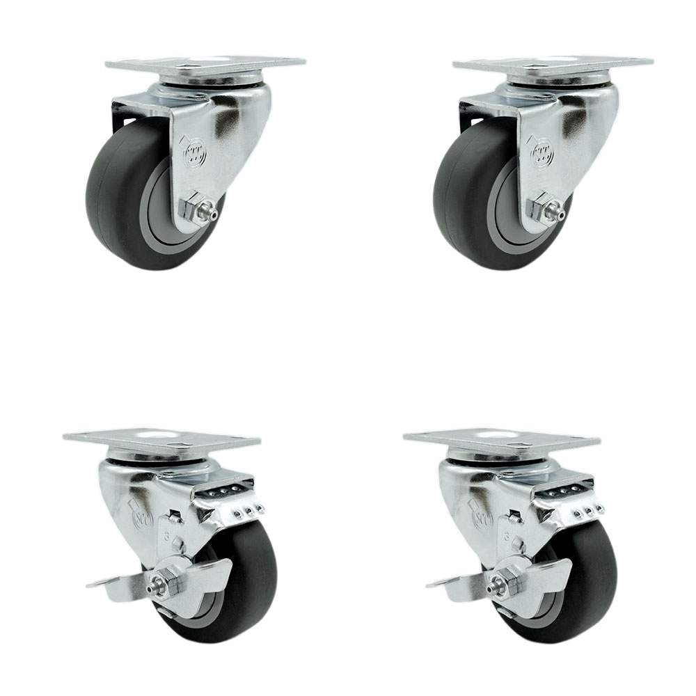 Stainless Steel Thermoplastic Rubber Swivel Top Plate Caster Set of 4 - 3.5" x 1.25" Gray Wheels - Includes 2 Swivel with Top Locking Brakes & 2 Swivel - 920 lbs Total Capacity - Service Caster Brand — photo 1