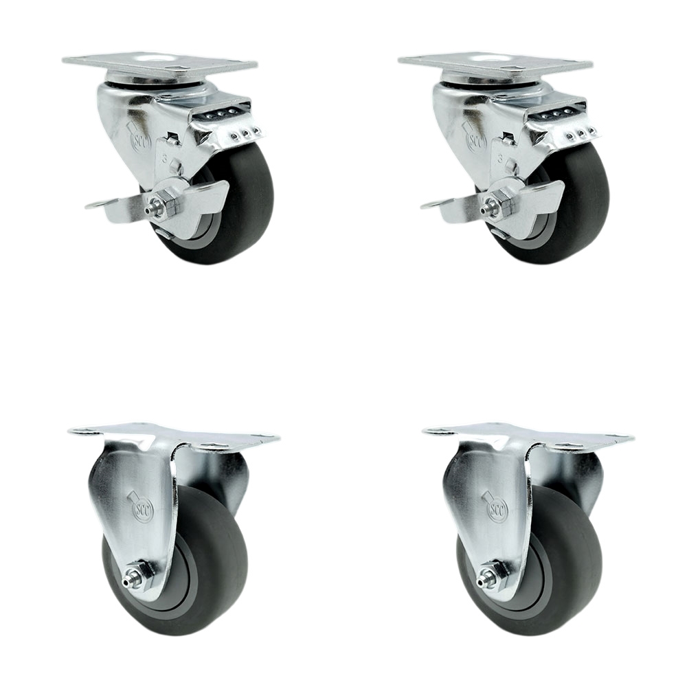 Stainless Steel Thermoplastic Rubber Swivel Top Plate Caster Set of 4 - 3.5" x 1.25" Gray Wheels - Includes 2 Swivel with Top Locking Brakes & 2 Rigid - 920 lbs Total Capacity - Service Caster Brand — photo 1