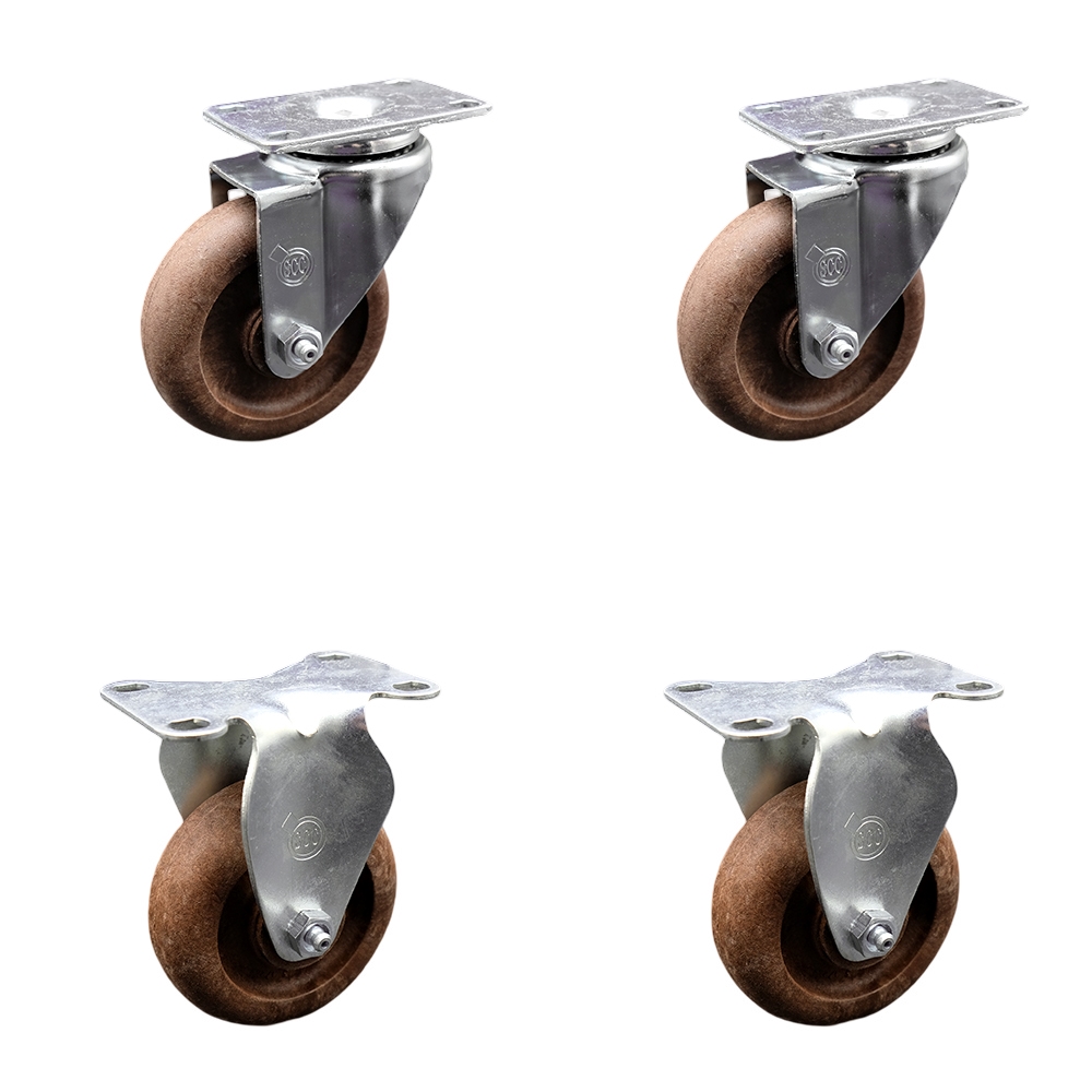 Stainless Steel High Temp Glass Filled Nylon Swivel Top Plate Caster Set of 4 w/4" x 1.25" Brown Wheels - Includes 2 Swivel & 2 Rigid - 1400 lbs Total Capacity - Service Caster Brand — photo 1
