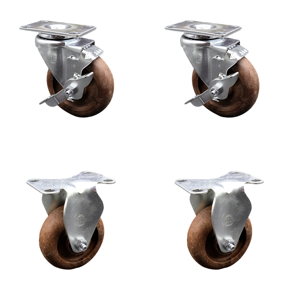 Stainless Steel High Temp Glass Filled Nylon Swivel Top Plate Caster Set of 4 w/4" x 1.25" Brown Wheels-Includes 2 Swivel with Top Locking Brakes & 2 Rigid-1400 lbs Total Capacity-Service Caster Brand — photo 1