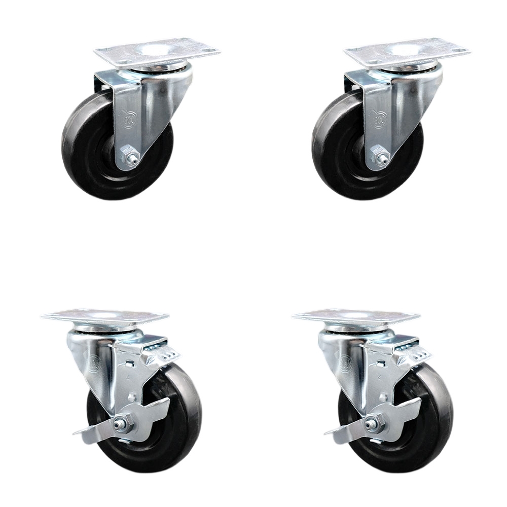 Stainless Steel Hard Rubber Swivel Top Plate Caster Set of 4 w/4" x 1.25" Black Wheels - Includes 2 Swivel with Top Locking Brakes & 2 Swivel - 1100 lbs Total Capacity - Service Caster Brand — photo 1