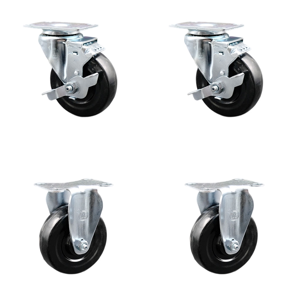 Stainless Steel Hard Rubber Swivel Top Plate Caster Set of 4 w/4" x 1.25" Black Wheels - Includes 2 Swivel with Top Locking Brakes & 2 Rigid - 1100 lbs Total Capacity - Service Caster Brand — photo 1