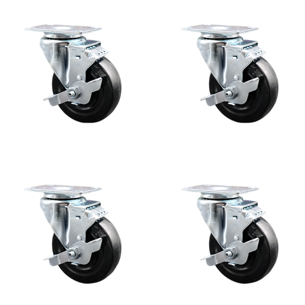 Stainless Steel Hard Rubber Swivel Top Plate Caster Set of 4 w/4" x 1.25" Black Wheels - Includes 4 Swivel with Top Lock Brakes - 1200 lbs Total Capacity - Service Caster Brand — photo 1
