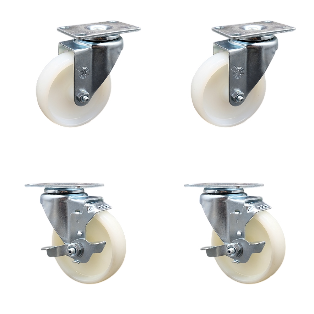 Stainless Steel Nylon Swivel Top Plate Caster Set of 4 w/4" x 1.25" White Wheels - Includes 2 Swivel with Top Locking Brakes & 2 Swivel - 1200 lbs Total Capacity - Service Caster Brand — photo 1