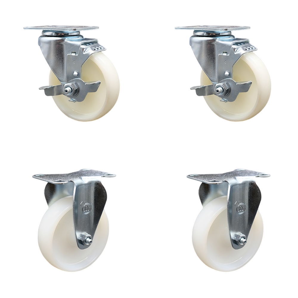 Stainless Steel Nylon Swivel Top Plate Caster Set of 4 w/4" x 1.25" White Wheels - Includes 2 Swivel with Top Locking Brakes & 2 Rigid - 1200 lbs Total Capacity - Service Caster Brand — photo 1