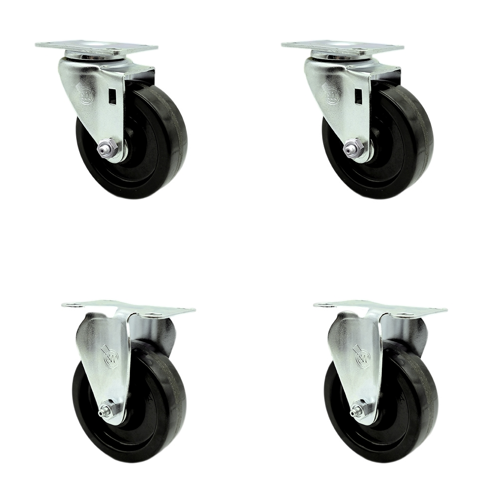 Stainless Steel Phenolic Swivel Top Plate Caster Set of 4 w/4" x 1.25" Black Wheels - Includes 2 Swivel & 2 Rigid - 1200 lbs Total Capacity - Service Caster Brand — photo 1