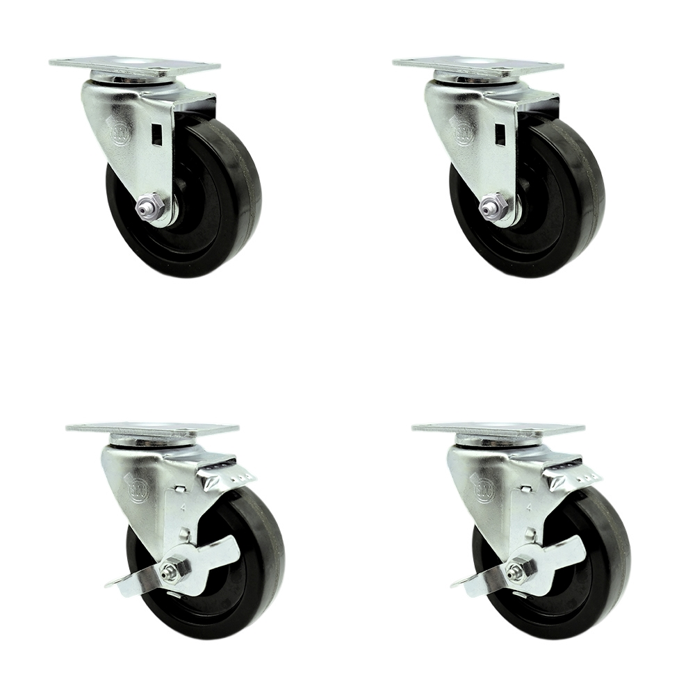 Stainless Steel Phenolic Swivel Top Plate Caster Set of 4 w/4" x 1.25" Black Wheels - Includes 2 Swivel with Top Locking Brakes & 2 Swivel - 1200 lbs Total Capacity - Service Caster Brand — photo 1
