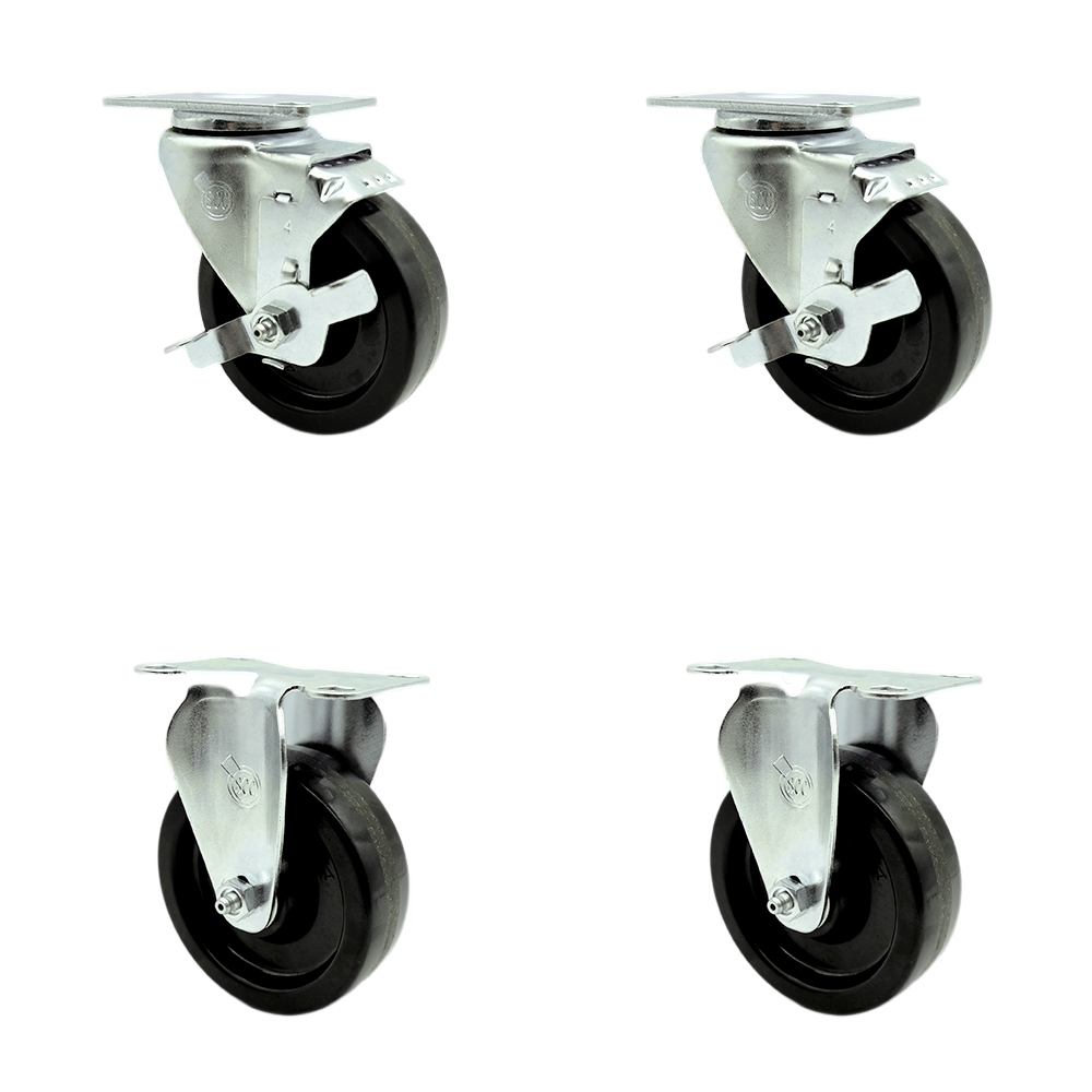 Stainless Steel Phenolic Swivel Top Plate Caster Set of 4 w/4" x 1.25" Black Wheels - Includes 2 Swivel with Top Locking Brakes & 2 Rigid - 1200 lbs Total Capacity - Service Caster Brand — photo 1