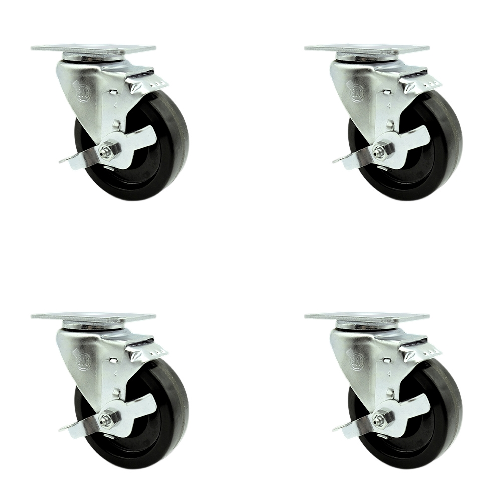 Stainless Steel Phenolic Swivel Top Plate Caster Set of 4 w/4" x 1.25" Black Wheels - Includes 4 Swivel with Top Lock Brakes - 1200 lbs Total Capacity - Service Caster Brand — photo 1