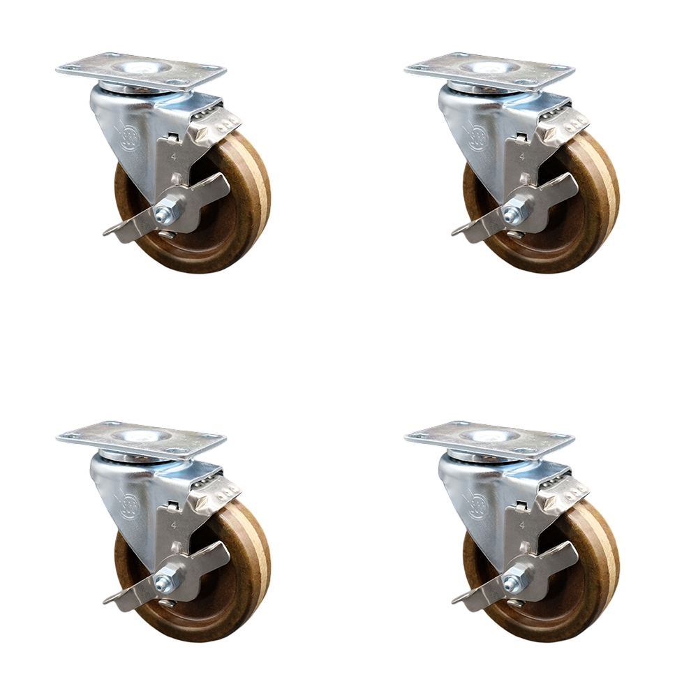 Stainless Steel High Temperature Phenolic Swivel Top Plate Caster Set of 4 w/4" x 1.25" Brown Wheels - Includes 4 Swivel with Top Lock Brakes - 1200 lbs Total Capacity - Service Caster Brand — photo 1
