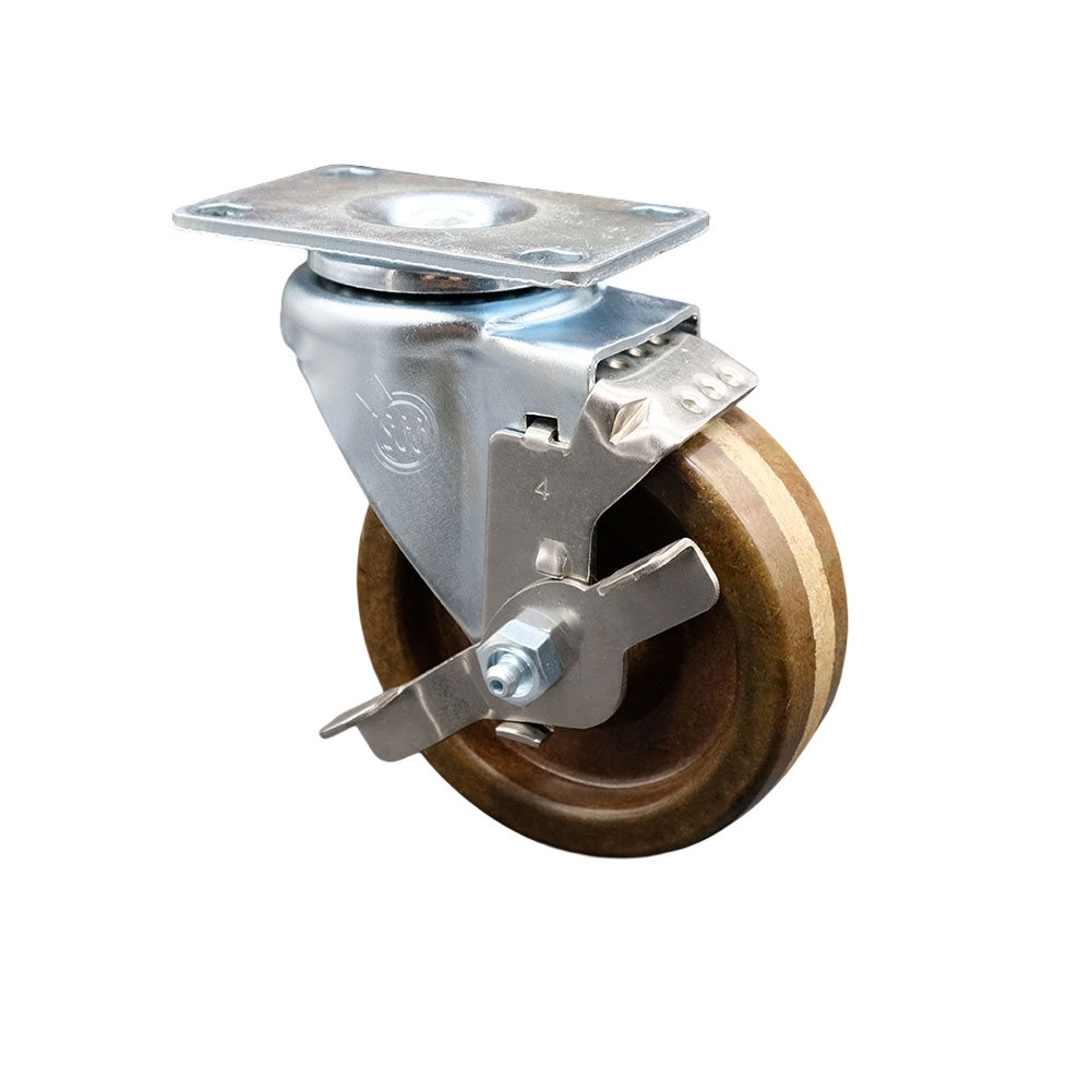 Stainless Steel High Temp Phenolic Swivel Top Plate Swivel Caster w/4" x 1.25" Brown Wheel & Top Locking Brake - 300 lbs Capacity/Caster - Service Caster Brand — photo 1