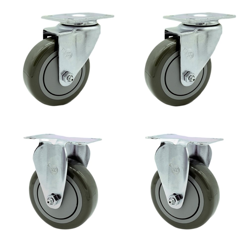 Stainless Steel Polyurethane Swivel Top Plate Caster Set of 4 w/4" x 1.25" Gray Wheels - Includes 2 Swivel & 2 Rigid - 1400 lbs Total Capacity - Service Caster Brand — photo 1