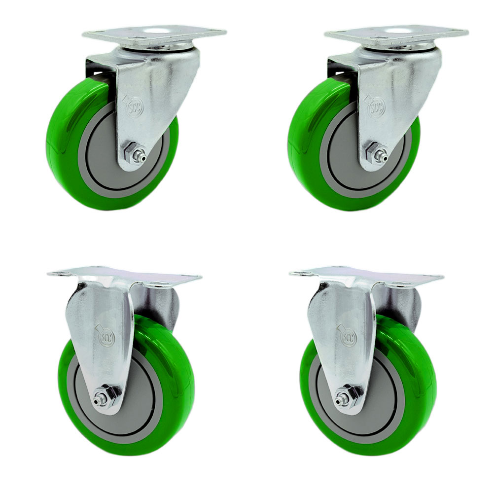 Stainless Steel Polyurethane Swivel Top Plate Caster Set of 4 w/4" x 1.25" Green Wheels - Includes 2 Swivel & 2 Rigid - 1400 lbs Total Capacity - Service Caster Brand — photo 1