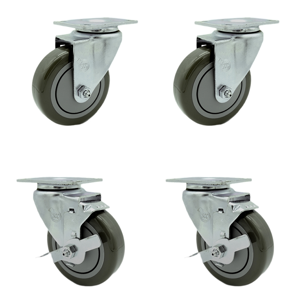 Stainless Steel Polyurethane Swivel Top Plate Caster Set of 4 w/4" x 1.25" Gray Wheels - Includes 2 Swivel with Top Locking Brakes & 2 Swivel - 1400 lbs Total Capacity - Service Caster Brand — photo 1