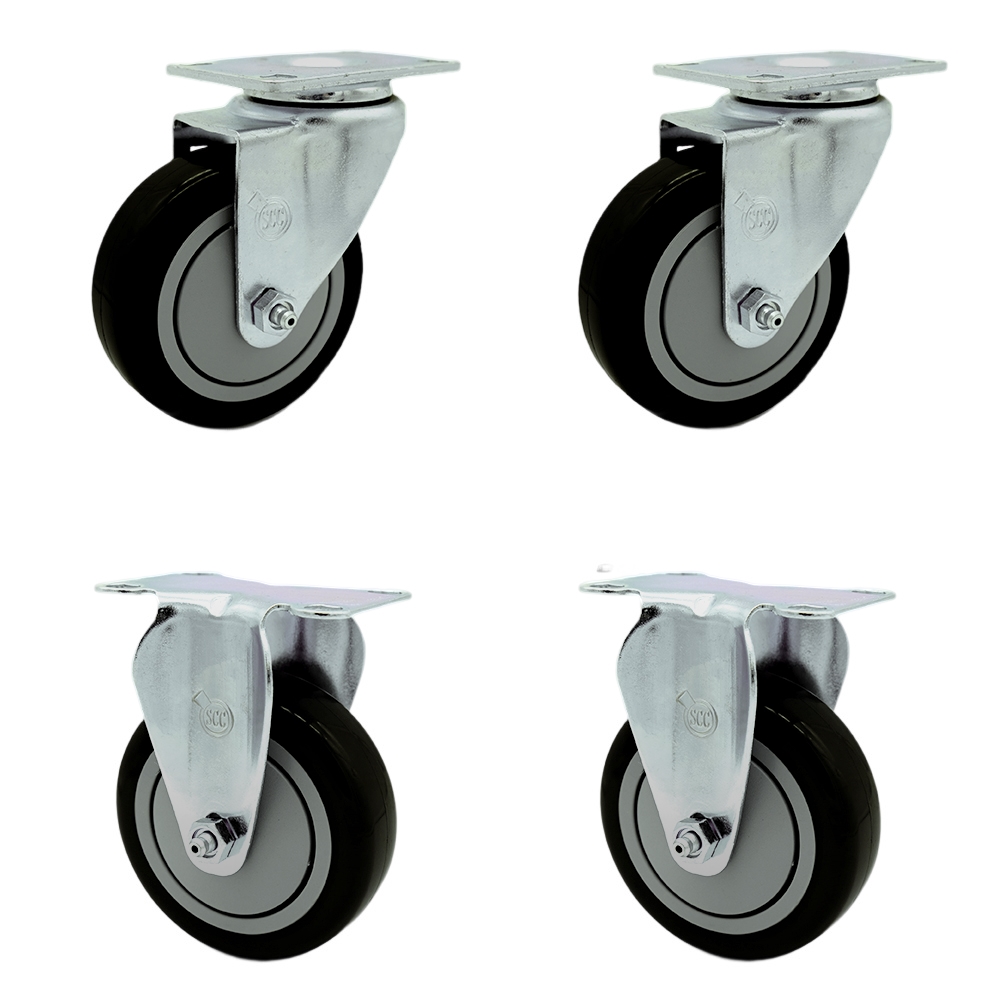 Stainless Steel Polyurethane Swivel Top Plate Caster Set of 4 w/4" x 1.25" Black Wheels - Includes 2 Swivel & 2 Rigid - 1400 lbs Total Capacity - Service Caster Brand — photo 1