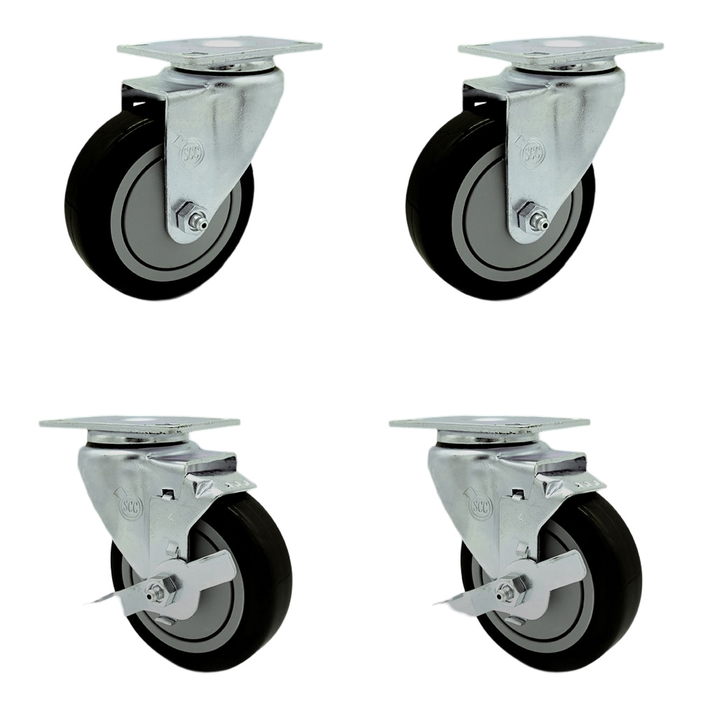 Stainless Steel Polyurethane Swivel Top Plate Caster Set of 4 w/4" x 1.25" Black Wheels - Includes 2 Swivel with Top Locking Brakes & 2 Swivel - 1400 lbs Total Capacity - Service Caster Brand — photo 1