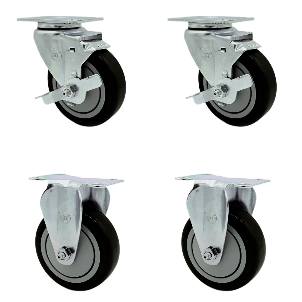 Stainless Steel Polyurethane Swivel Top Plate Caster Set of 4 w/4" x 1.25" Black Wheels - Includes 2 Swivel with Top Locking Brakes & 2 Rigid - 1400 lbs Total Capacity - Service Caster Brand — photo 1