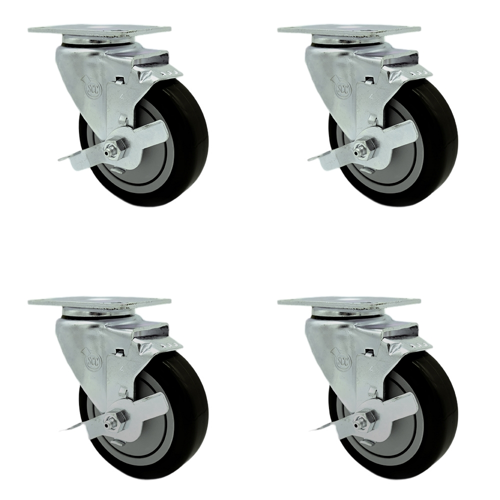 Stainless Steel Polyurethane Swivel Top Plate Caster Set of 4 w/4" x 1.25" Black Wheels - Includes 4 Swivel with Top Lock Brakes - 1400 lbs Total Capacity - Service Caster Brand — photo 1