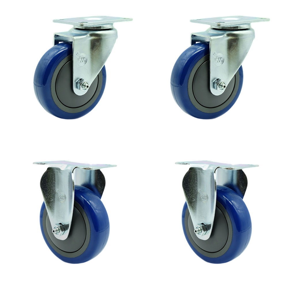 Stainless Steel Polyurethane Swivel Top Plate Caster Set of 4 w/4" x 1.25" Blue Wheels - Includes 2 Swivel & 2 Rigid - 1400 lbs Total Capacity - Service Caster Brand — photo 1