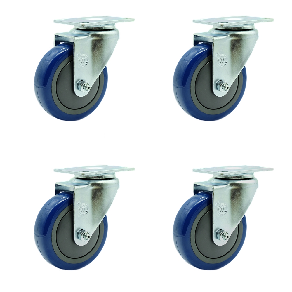 Stainless Steel Polyurethane Swivel Top Plate Caster Set of 4 w/4" x 1.25" Blue Wheels - Includes 4 Swivel - 1400 lbs Total Capacity - Service Caster Brand — photo 1