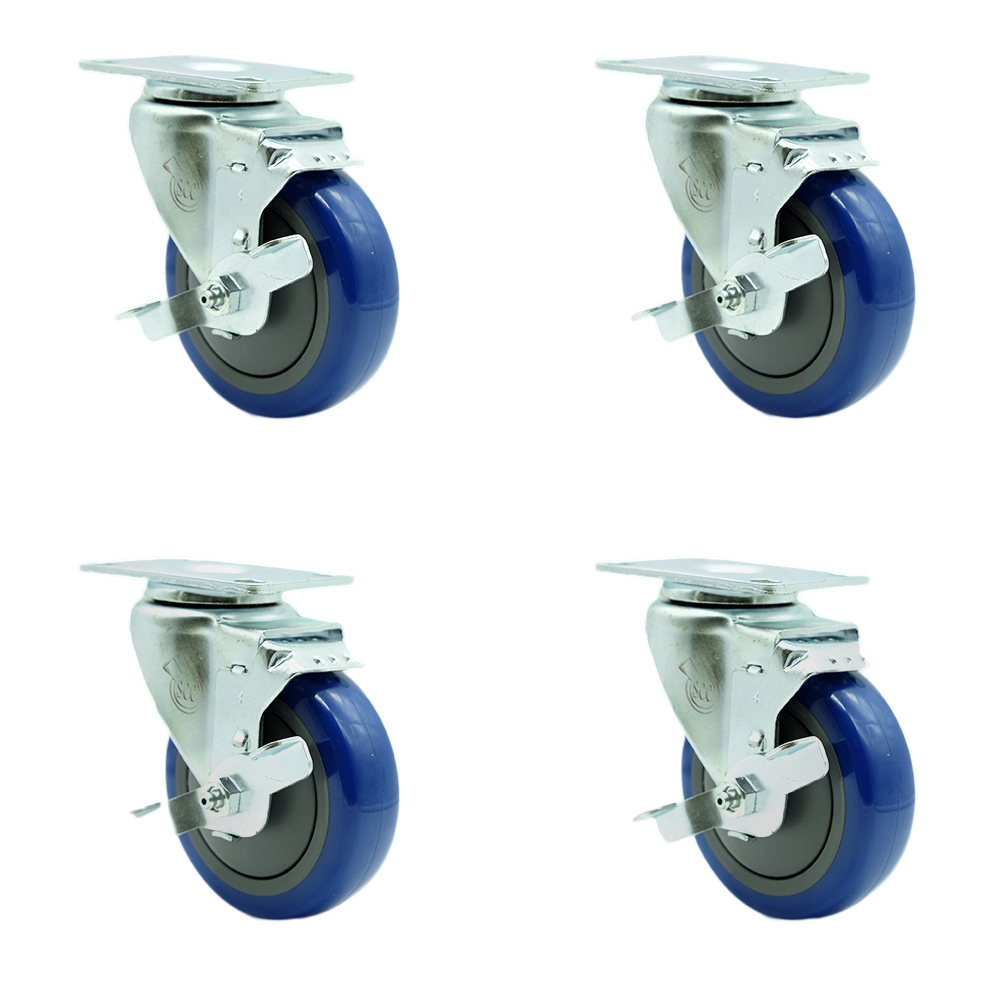 Stainless Steel Polyurethane Swivel Top Plate Caster Set of 4 w/4" x 1.25" Blue Wheels - Includes 4 Swivel with Top Lock Brakes - 1400 lbs Total Capacity - Service Caster Brand — photo 1