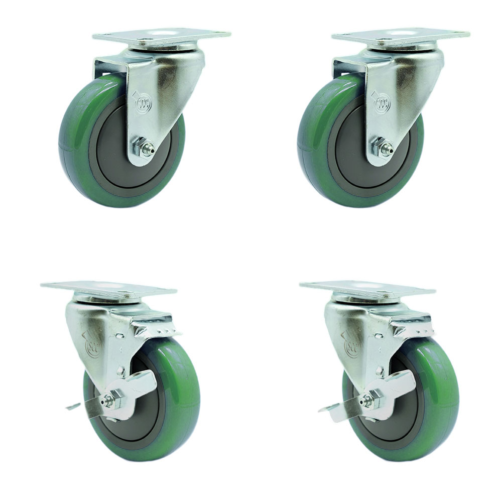 Stainless Steel Polyurethane Swivel Top Plate Caster Set of 4 w/4" x 1.25" Green Wheels - Includes 2 Swivel with Top Locking Brakes & 2 Swivel - 1400 lbs Total Capacity - Service Caster Brand — photo 1