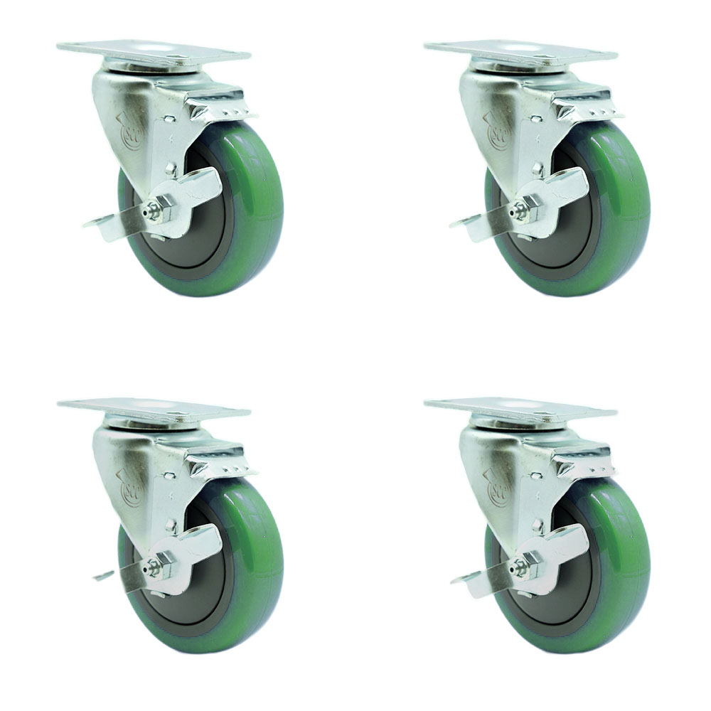 Stainless Steel Polyurethane Swivel Top Plate Caster Set of 4 w/4" x 1.25" Green Wheels - Includes 4 Swivel with Top Lock Brakes - 1400 lbs Total Capacity - Service Caster Brand — photo 1
