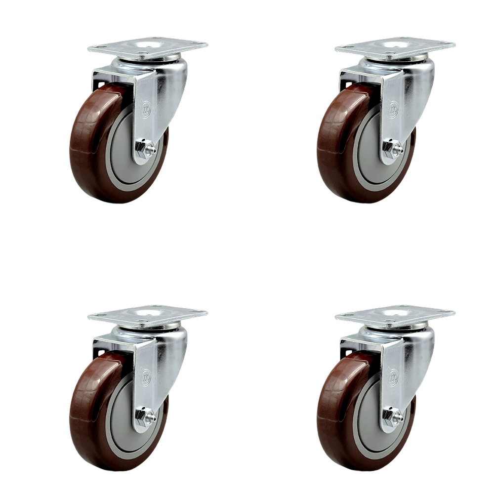 Stainless Steel Polyurethane Swivel Top Plate Caster Set of 4 w/4" x 1.25" Maroon Wheels - Includes 4 Swivel - 1400 lbs Total Capacity - Service Caster Brand — photo 1