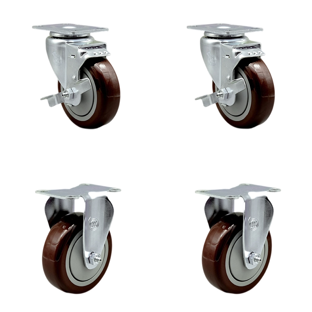 Stainless Steel Polyurethane Swivel Top Plate Caster Set of 4 w/4" x 1.25" Maroon Wheels - Includes 2 Swivel with Top Locking Brakes & 2 Rigid - 1400 lbs Total Capacity - Service Caster Brand — photo 1