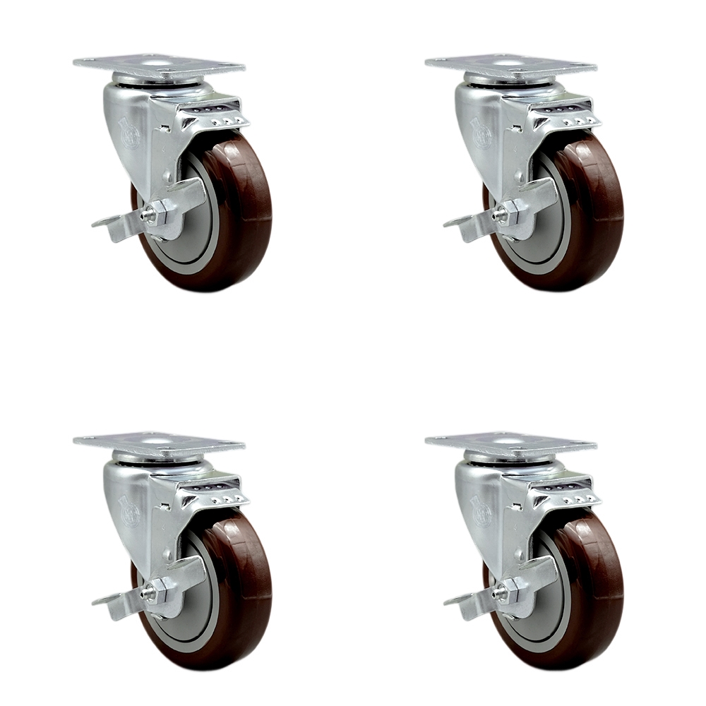 Stainless Steel Polyurethane Swivel Top Plate Caster Set of 4 w/4" x 1.25" Maroon Wheels - Includes 4 Swivel with Top Lock Brakes - 1400 lbs Total Capacity - Service Caster Brand — photo 1