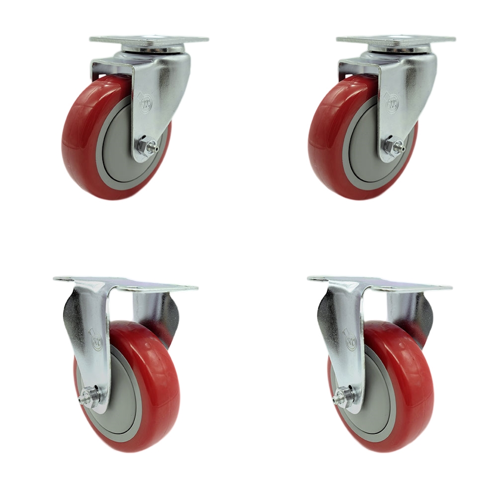 Stainless Steel Polyurethane Swivel Top Plate Caster Set of 4 w/4" x 1.25" Red Wheels - Includes 2 Swivel & 2 Rigid - 1400 lbs Total Capacity - Service Caster Brand — photo 1