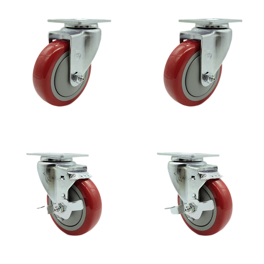 Stainless Steel Polyurethane Swivel Top Plate Caster Set of 4 w/4" x 1.25" Red Wheels - Includes 2 Swivel with Top Locking Brakes & 2 Swivel - 1400 lbs Total Capacity - Service Caster Brand — photo 1