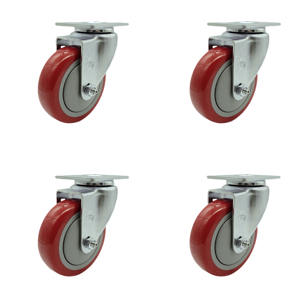 Stainless Steel Polyurethane Swivel Top Plate Caster Set of 4 w/4" x 1.25" Red Wheels - Includes 4 Swivel - 1400 lbs Total Capacity - Service Caster Brand — photo 1