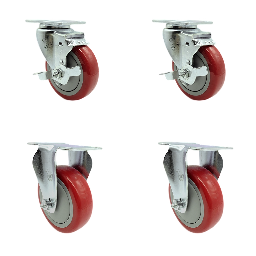 Stainless Steel Polyurethane Swivel Top Plate Caster Set of 4 w/4" x 1.25" Red Wheels - Includes 2 Swivel with Top Locking Brakes & 2 Rigid - 1400 lbs Total Capacity - Service Caster Brand — photo 1