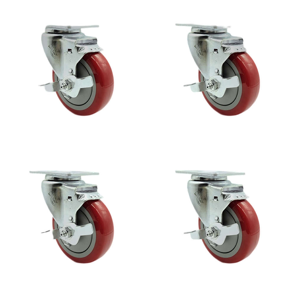 Stainless Steel Polyurethane Swivel Top Plate Caster Set of 4 w/4" x 1.25" Red Wheels - Includes 4 Swivel with Top Lock Brakes - 1400 lbs Total Capacity - Service Caster Brand — photo 1