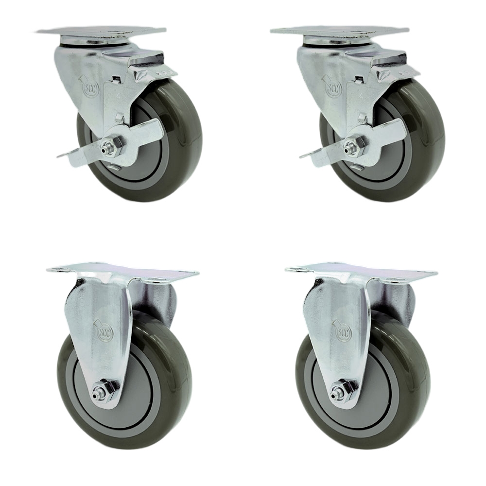 Stainless Steel Polyurethane Swivel Top Plate Caster Set of 4 w/4" x 1.25" Gray Wheels - Includes 2 Swivel with Top Locking Brakes & 2 Rigid - 1400 lbs Total Capacity - Service Caster Brand — photo 1