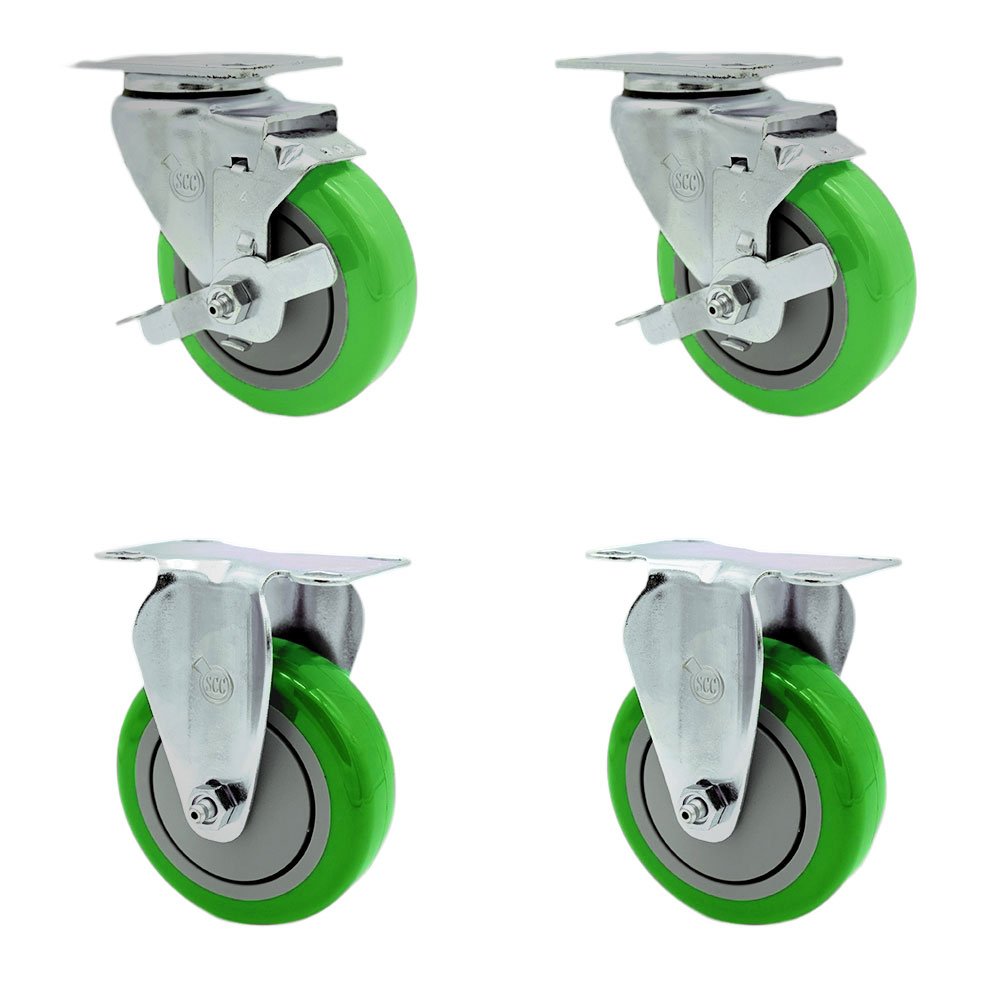 Stainless Steel Polyurethane Swivel Top Plate Caster Set of 4 w/4" x 1.25" Green Wheels - Includes 2 Swivel with Top Locking Brakes & 2 Rigid - 1400 lbs Total Capacity - Service Caster Brand — photo 1