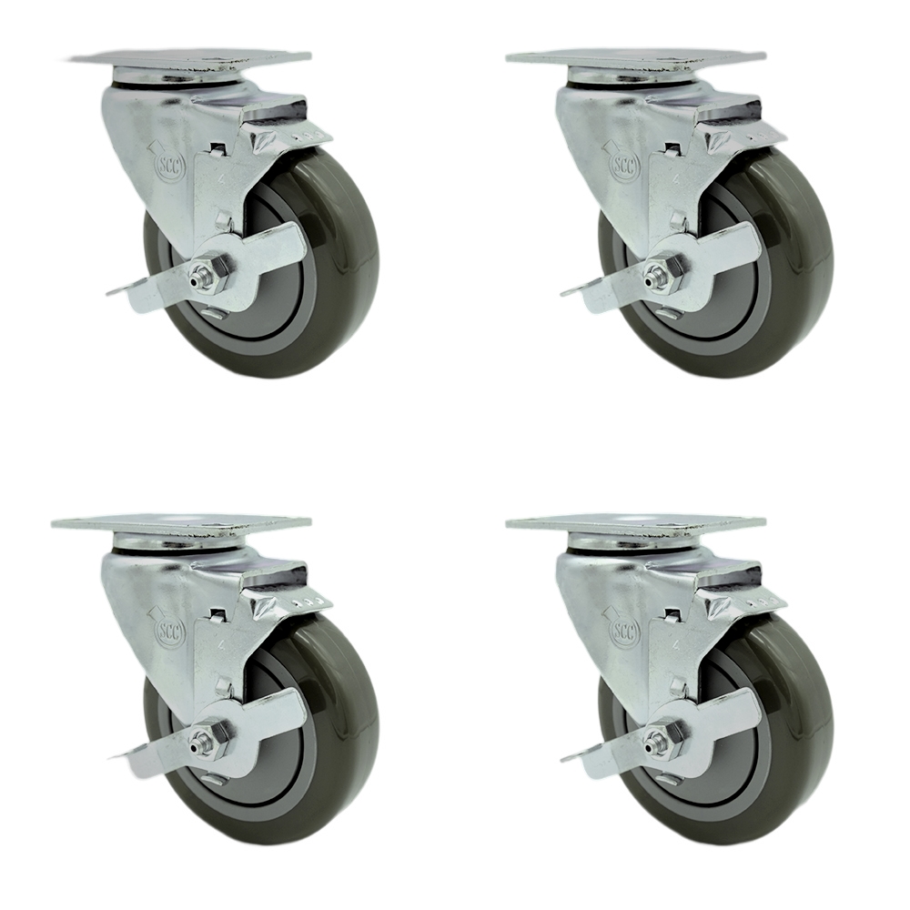 Stainless Steel Polyurethane Swivel Top Plate Caster Set of 4 w/4" x 1.25" Gray Wheels - Includes 4 Swivel with Top Lock Brakes - 1400 lbs Total Capacity - Service Caster Brand — photo 1